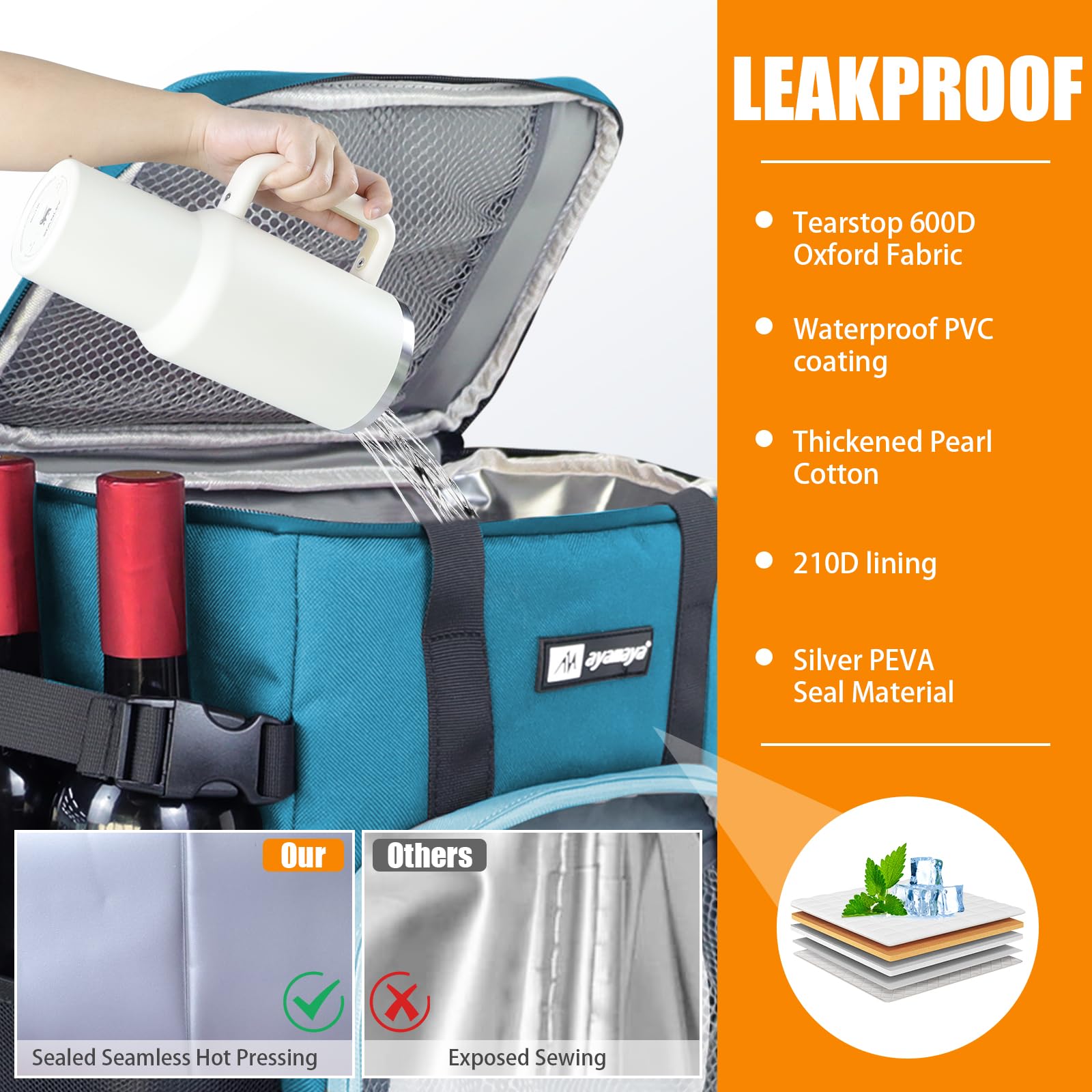 AYAMAYA cooler backpack insulated liner close-up shows leakproof seal for mess-free ice storage.