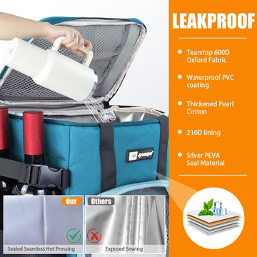 AYAMAYA cooler backpack insulated liner close-up shows leakproof seal for mess-free ice storage.