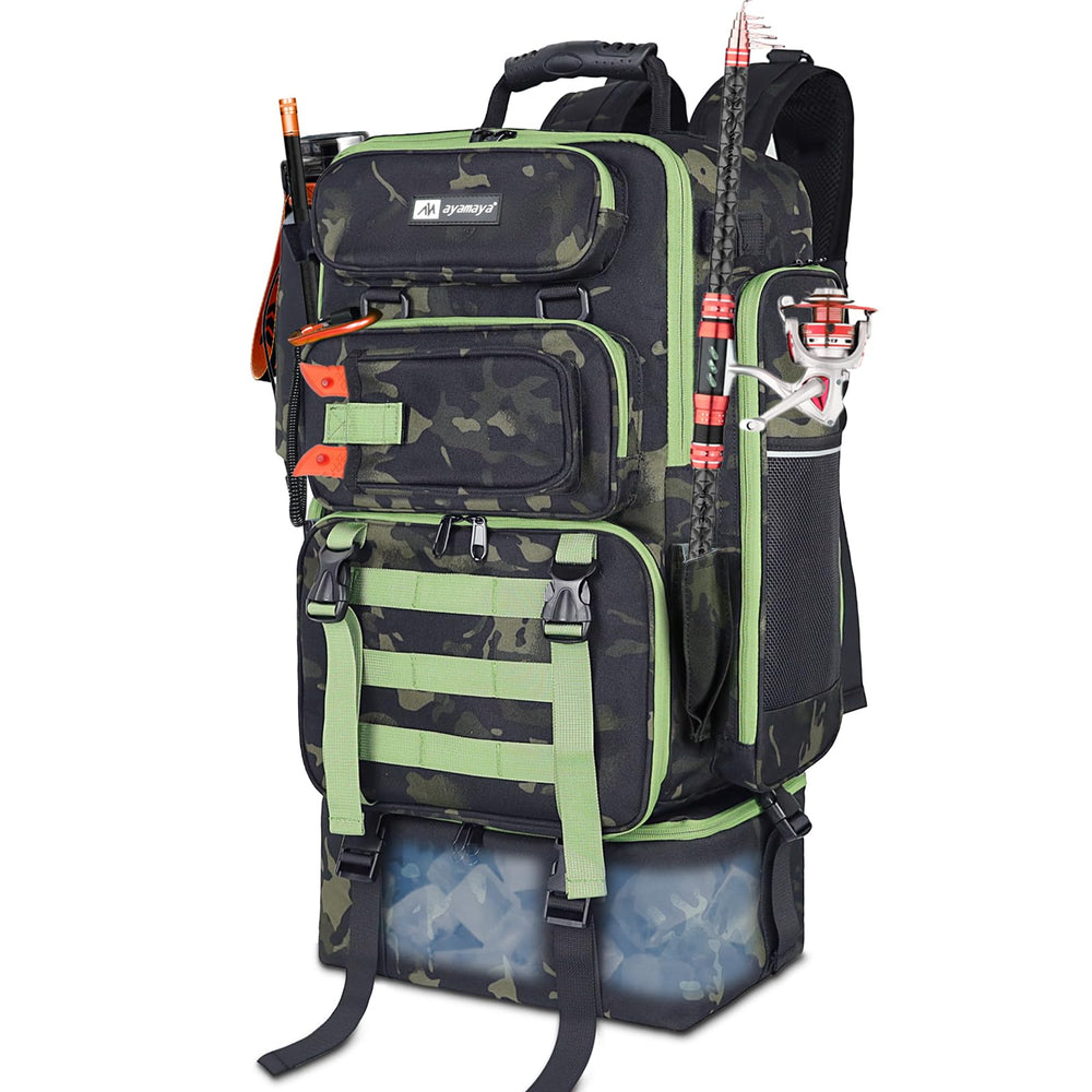 AYAMAYA fishing backpack main compartment with foldable divider showing versatile gear organization