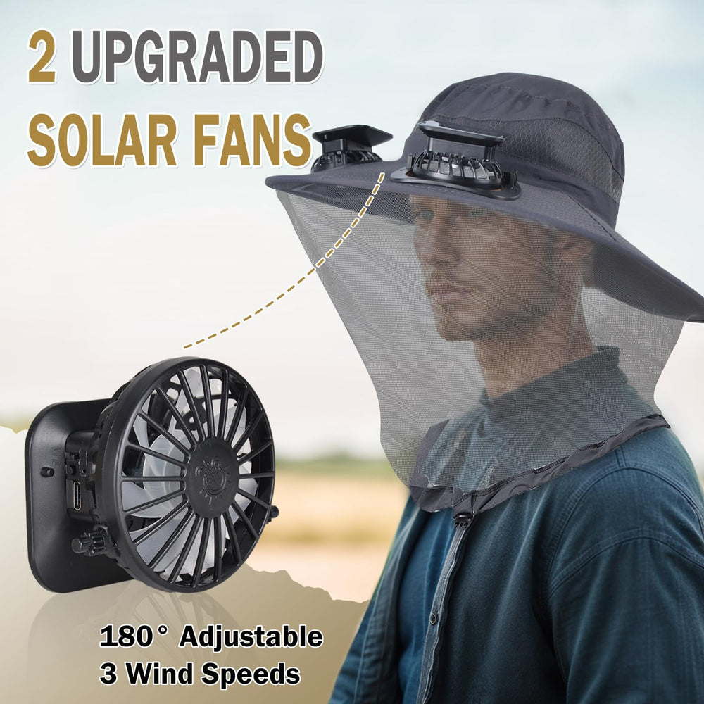 AYAMAYA Mosquito Net Hat side view showing built-in solar fans for cooling on bright days