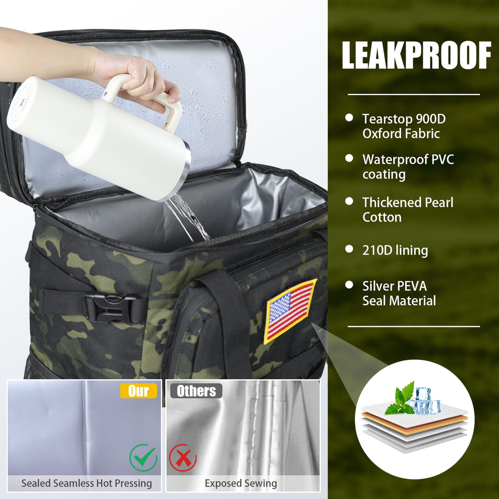 AYAMAYA tactical backpack cooler side pocket view showing beverage access.