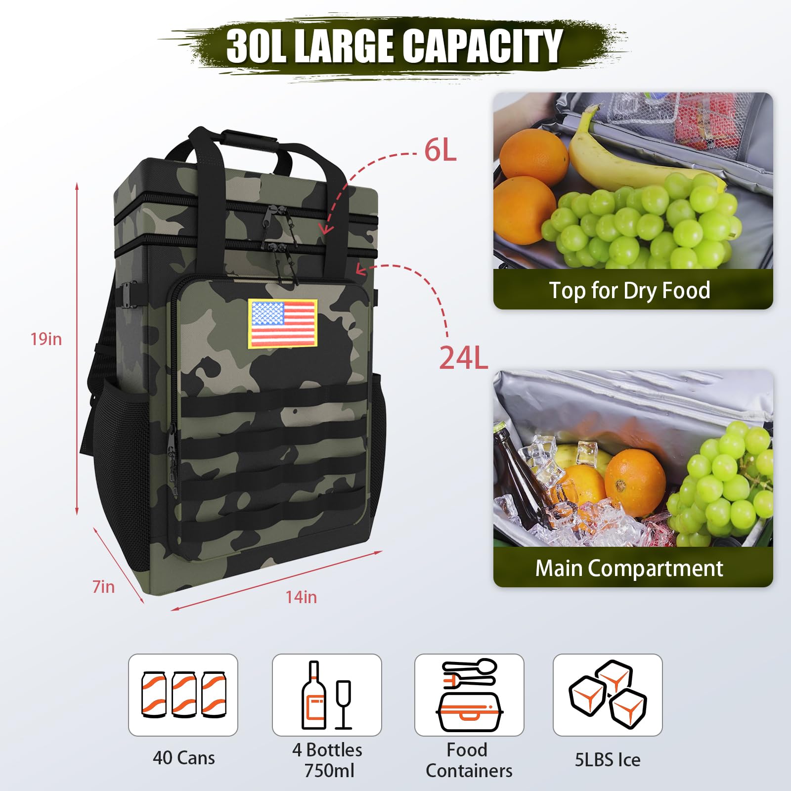 AYAMAYA tactical backpack cooler top compartment with dry storage for snacks.