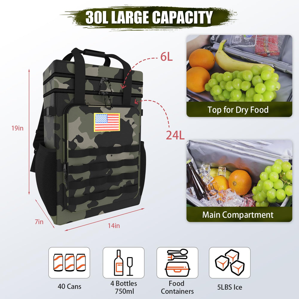 AYAMAYA tactical backpack cooler top compartment with dry storage for snacks.