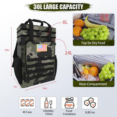 AYAMAYA tactical backpack cooler top compartment with dry storage for snacks.