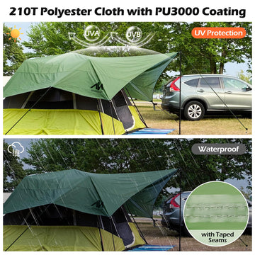 AYAMAYA tarp with grommets, guylines, and stakes for versatile setups.