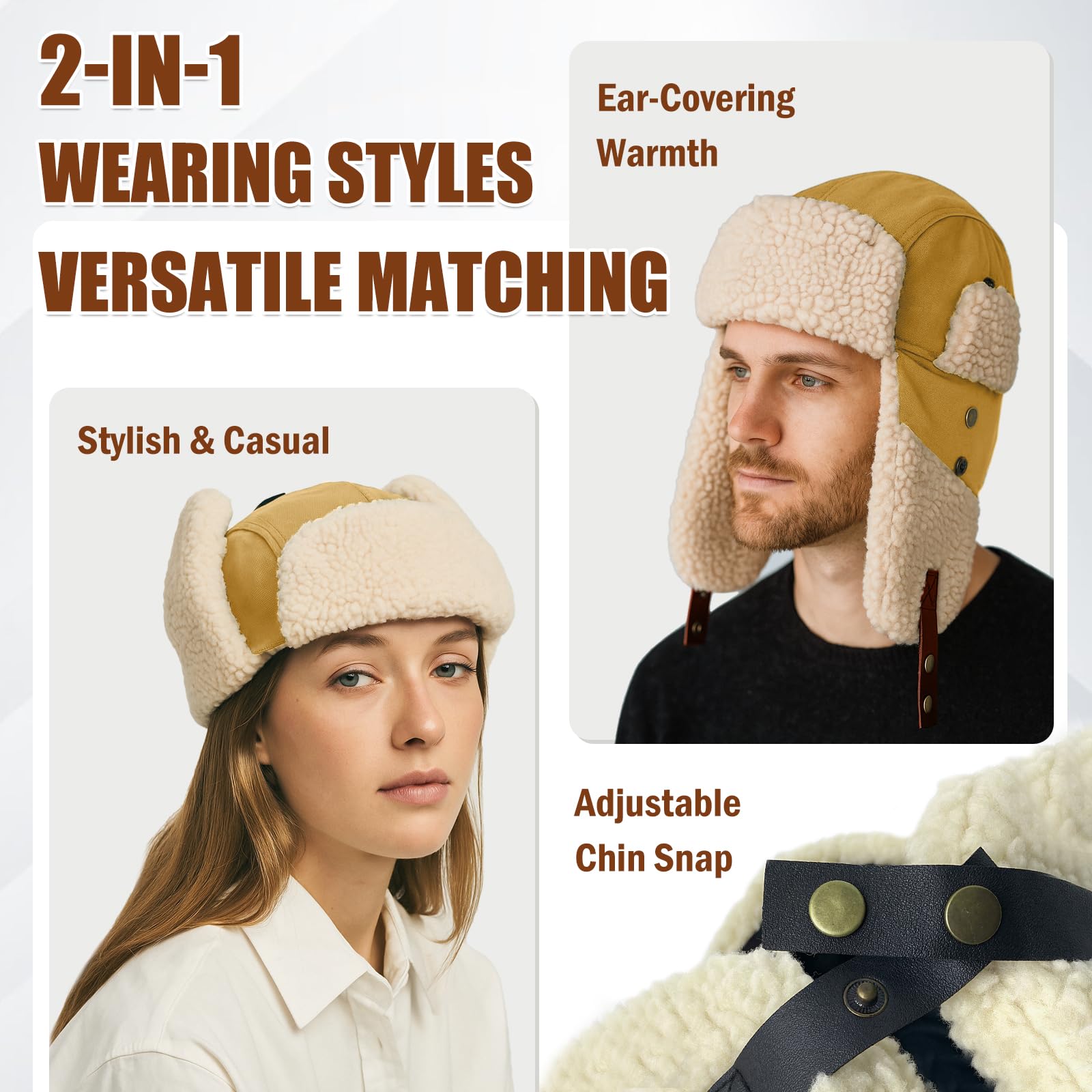 AYAMAYA trapper hat earflaps buckled under chin provide extra warmth.