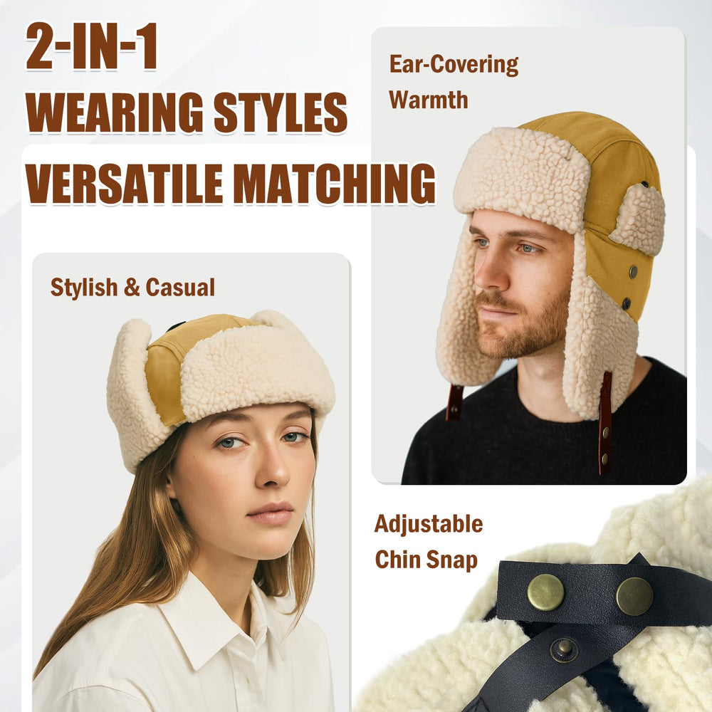 AYAMAYA trapper hat earflaps buckled under chin provide extra warmth.