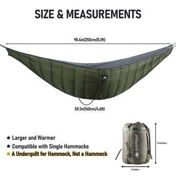 AYAMAYA underquilt warmth range visual emphasizing 20F–68F suitability.