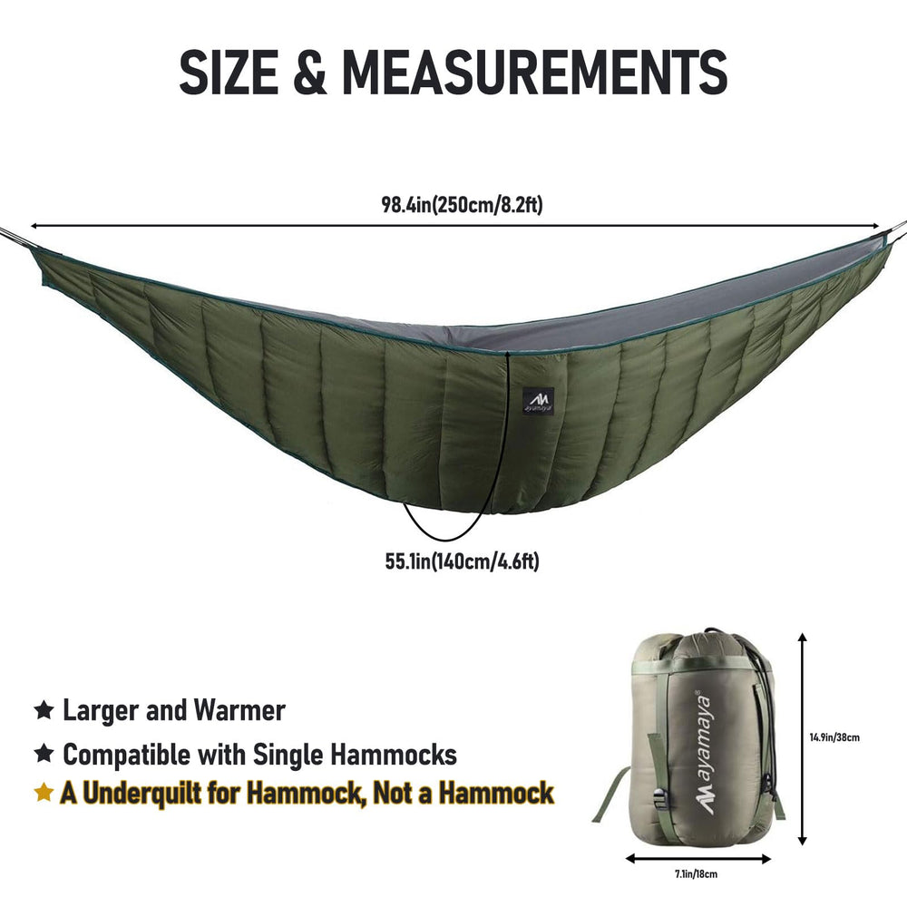 AYAMAYA underquilt warmth range visual emphasizing 20F–68F suitability.