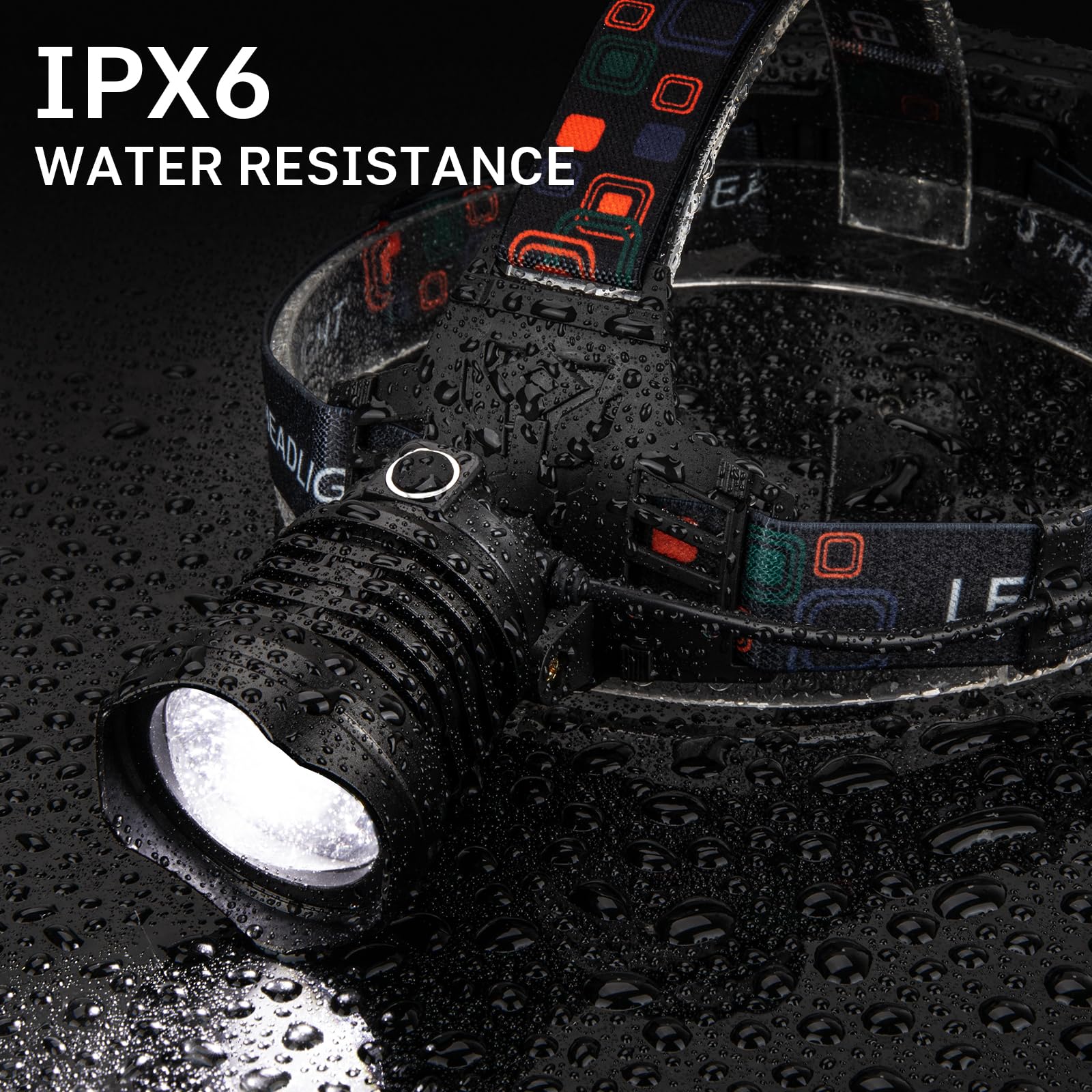 Azamine headlamp IPX6 waterproof design for rain and rugged use.