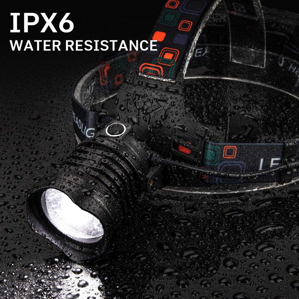 Azamine headlamp IPX6 waterproof design for rain and rugged use.