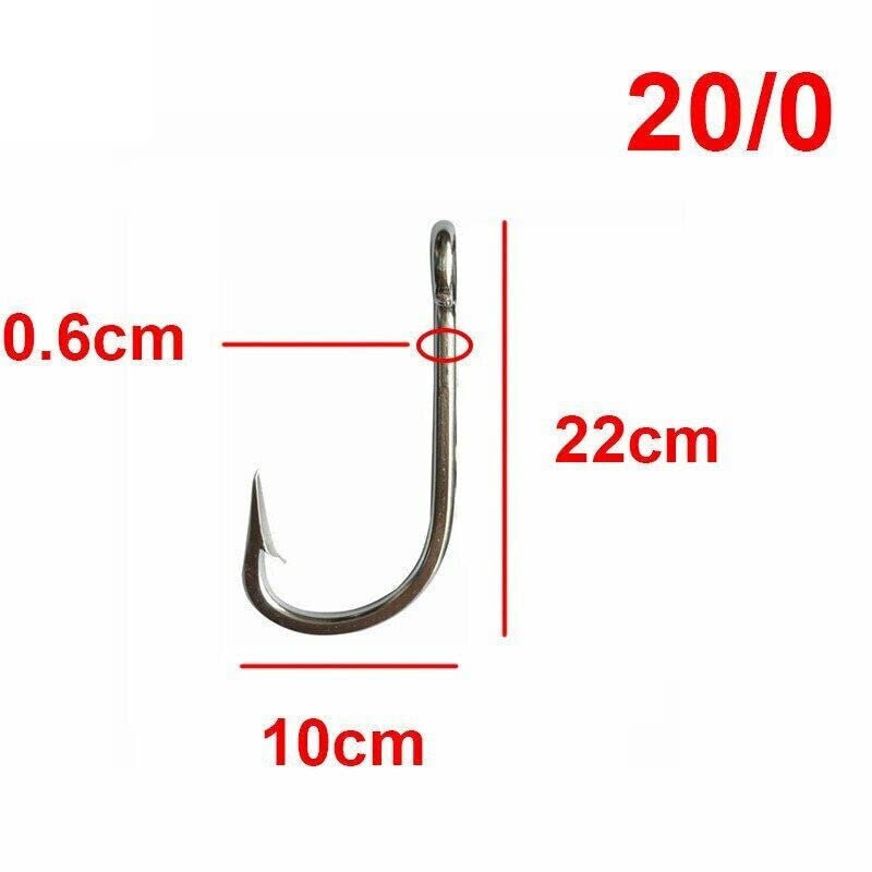 Azbvek giant 28/0 hook on rod ready for offshore big game trolling.