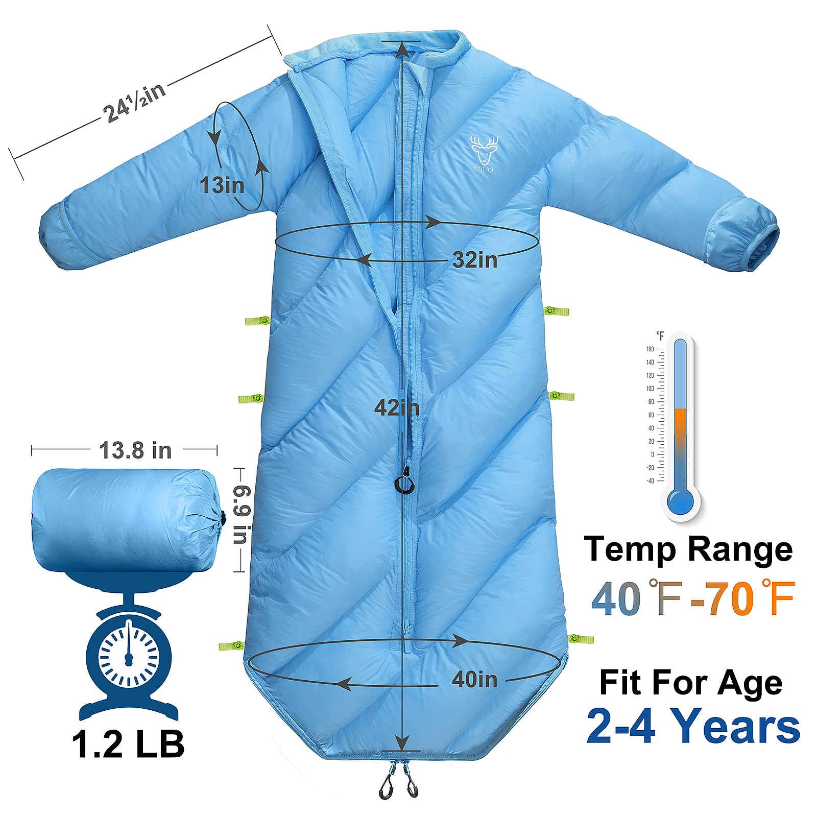 AZITREK Walkable Kids Sleeping Bag Santorini Blue adjustable cuffs illustrate customizable warmth.