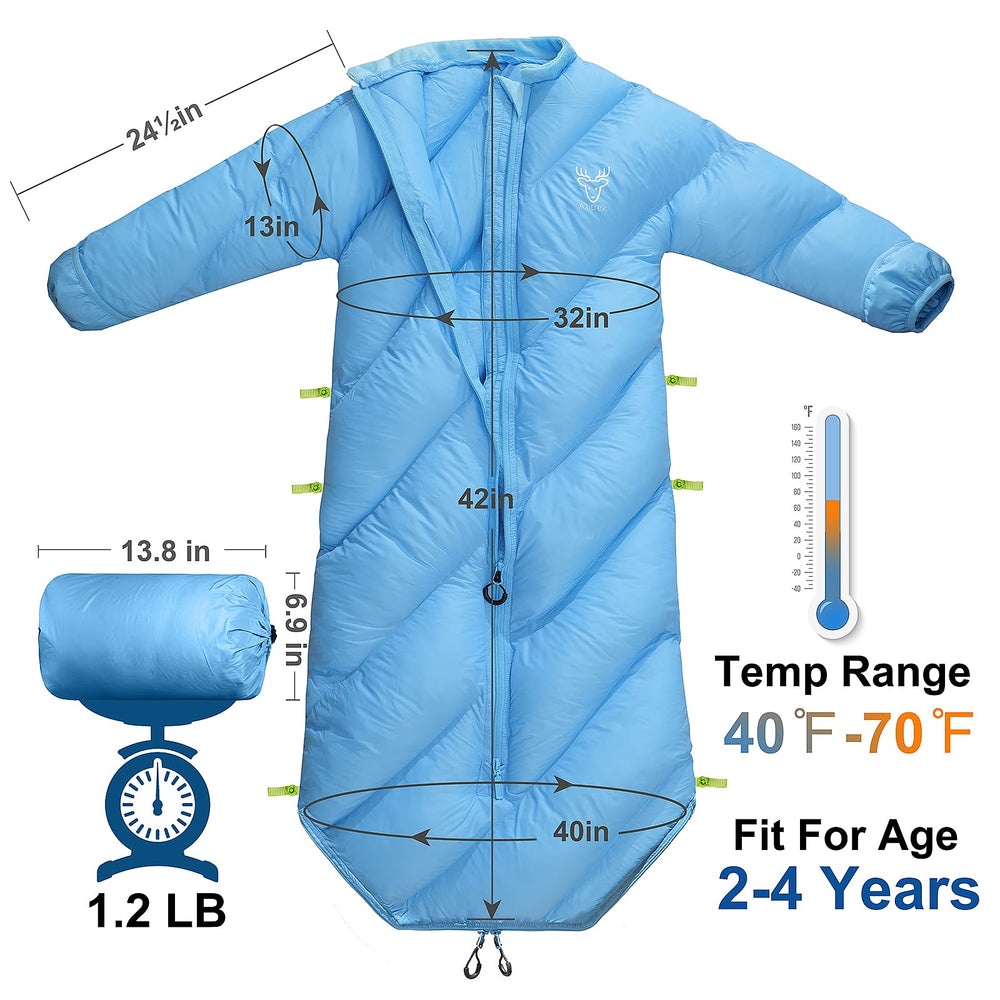 AZITREK Walkable Kids Sleeping Bag Santorini Blue adjustable cuffs illustrate customizable warmth.