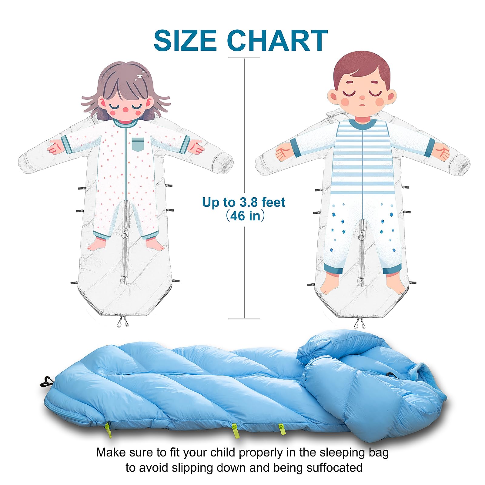 AZITREK Walkable Kids Sleeping Bag Santorini Blue bottom zipper opens to open hem.