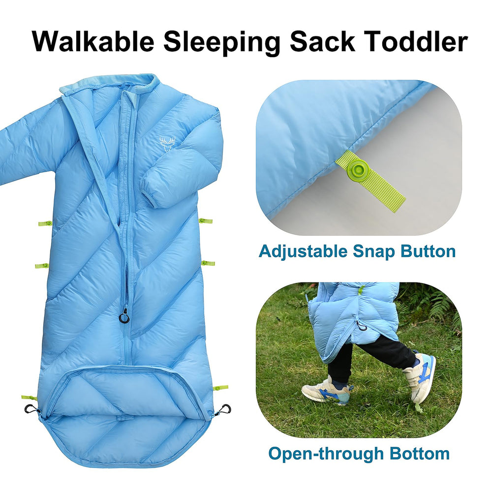 AZITREK Walkable Kids Sleeping Bag Santorini Blue lightweight under one pound.