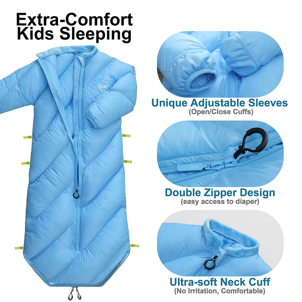 AZITREK Walkable Kids Sleeping Bag Santorini Blue ideal for sleepovers and camping.