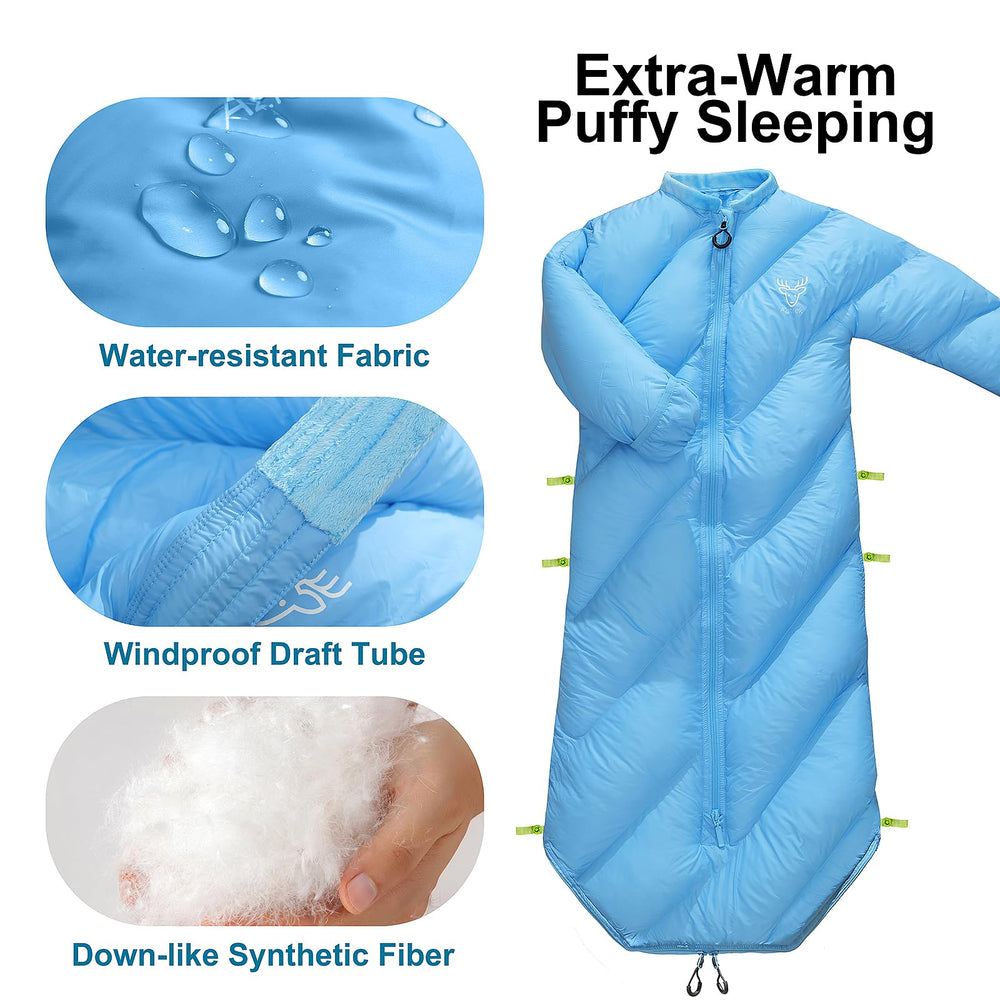 AZITREK Walkable Kids Sleeping Bag Santorini Blue waterproof and machine washable fabric.