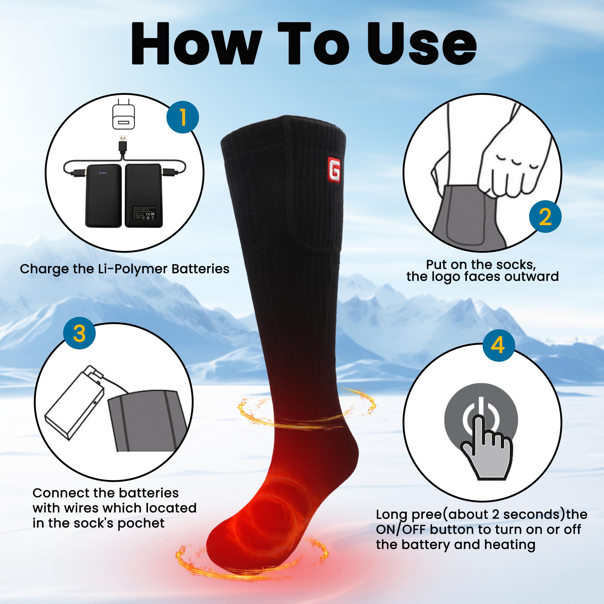 B Socks heated socks showing dual 4000mAh batteries for long-lasting warmth