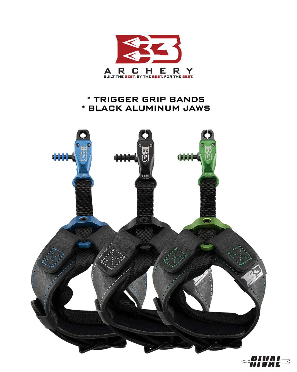 B3 Archery Rival anodized jaws offer durable, lightweight holding power.