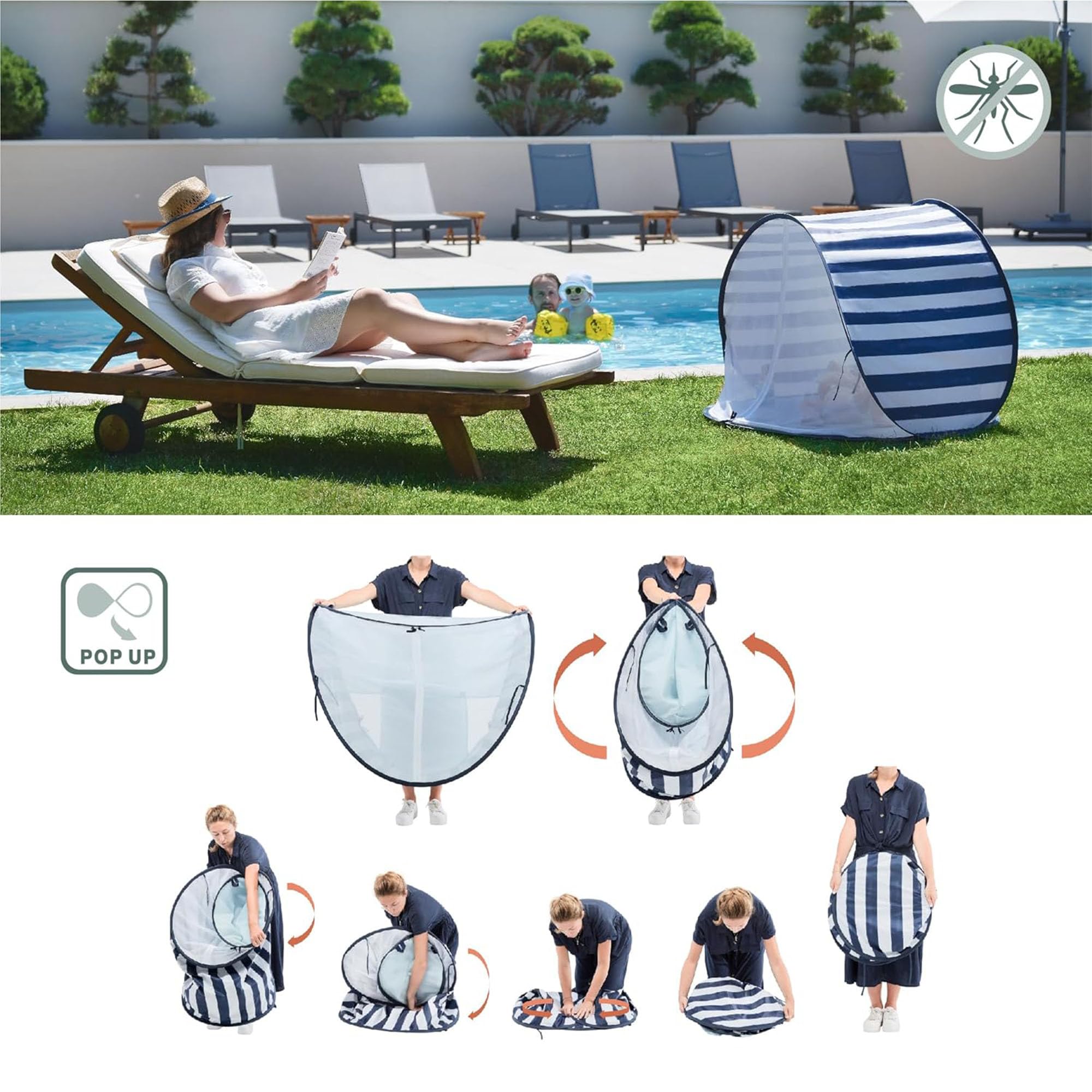 Babymoov anti-UV tent with ground pegs for stable setup.