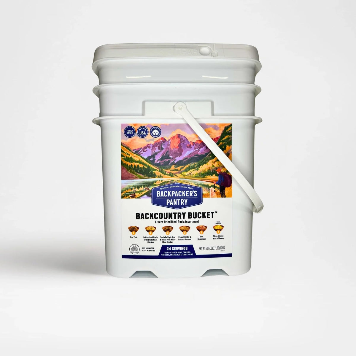 Backpacker's Pantry backcountry bucket packaging for long-term storage