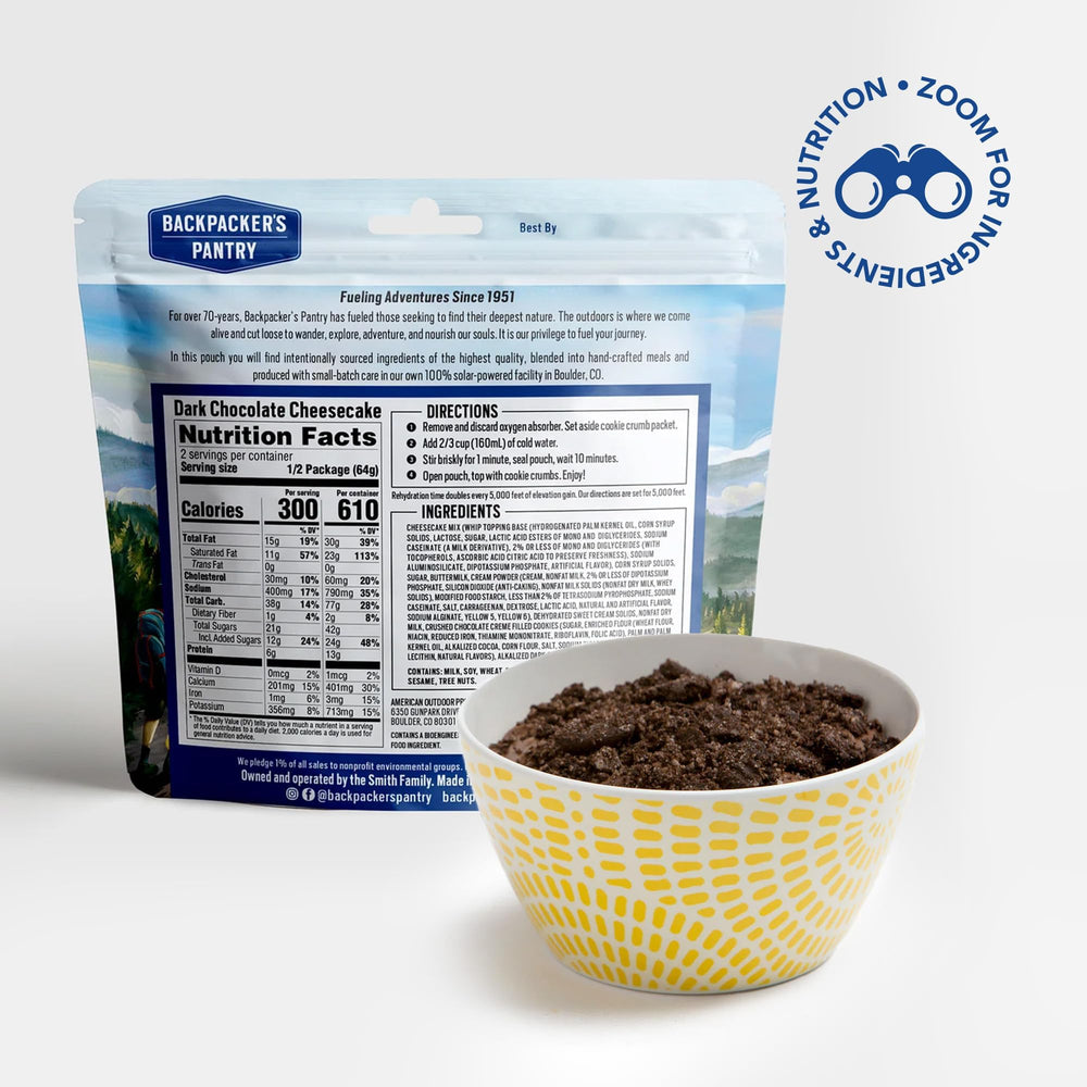 Backpacker's Pantry Dark Chocolate Cheesecake Mix crumb topping visible, ideal for on-trail dessert.