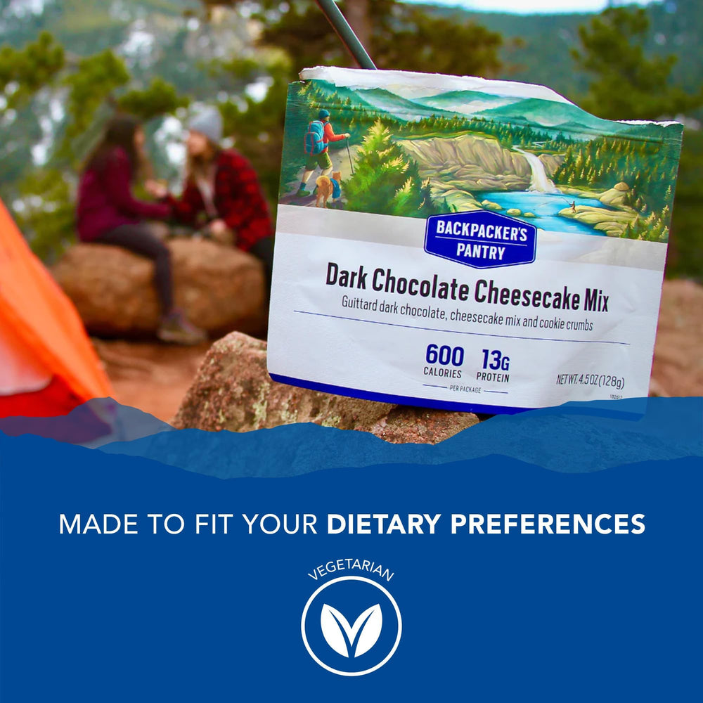 Backpacker's Pantry Dark Chocolate Cheesecake Mix protein 13g label visible.