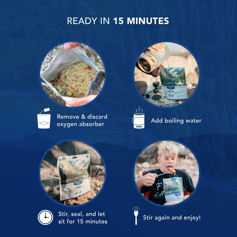 Backpacker's Pantry Dark Chocolate Cheesecake Mix in a compact travel pack for camping.