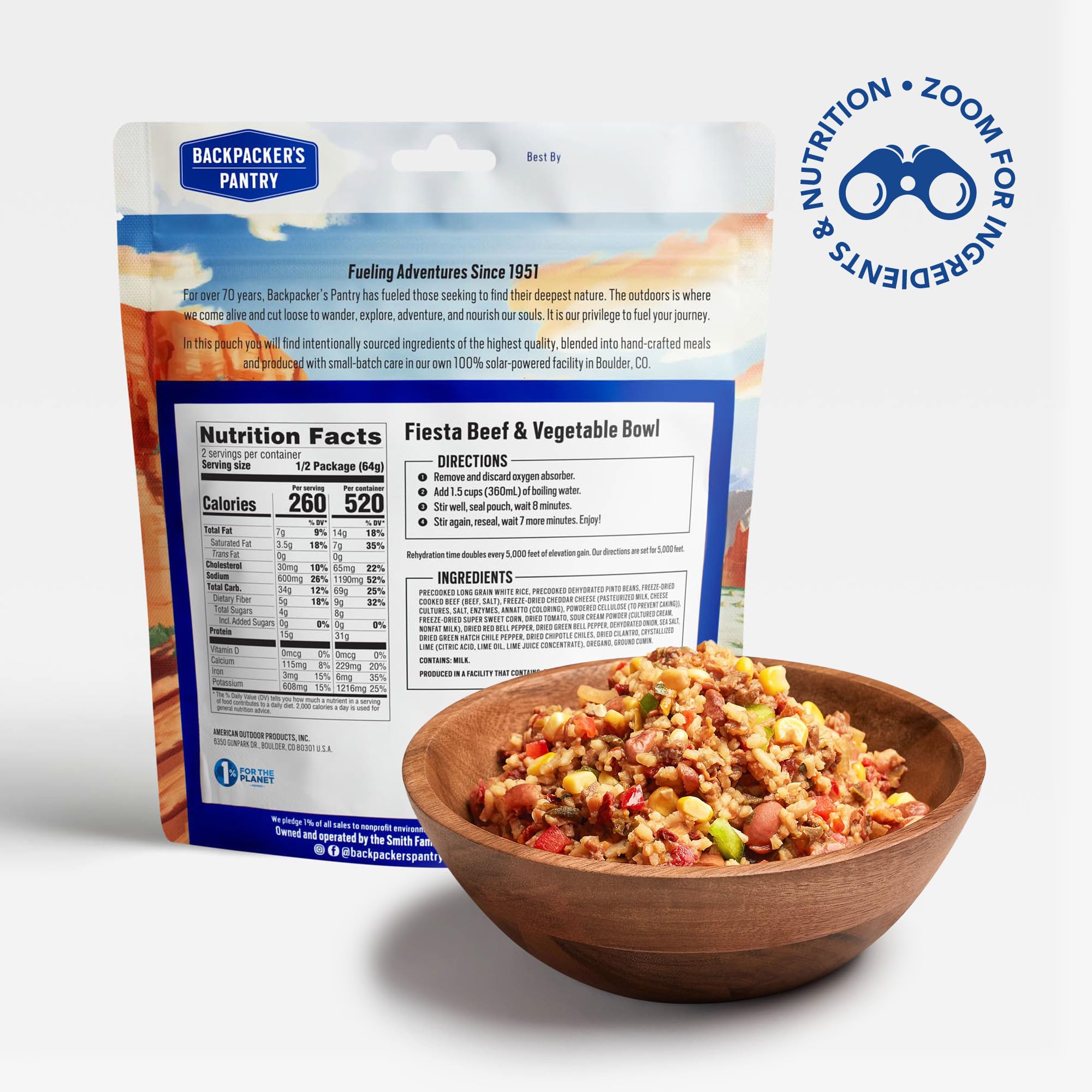 Fiesta Beef and Vegetable Bowl ready-to-eat serving for camping adventures