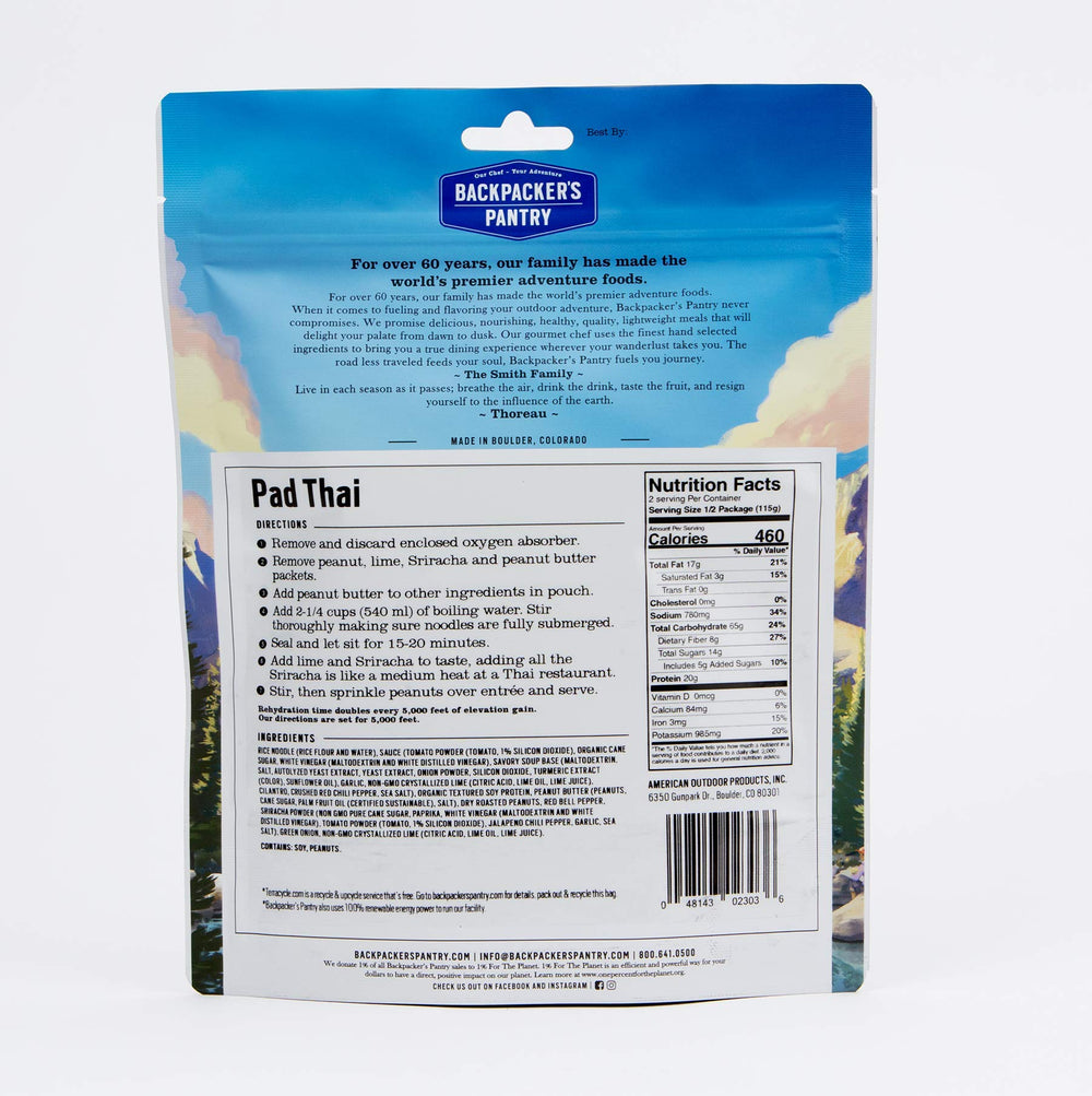 Backpacker's Pantry Pad Thai noodles and sauce ready-to-cook for flavorful meals on trail.