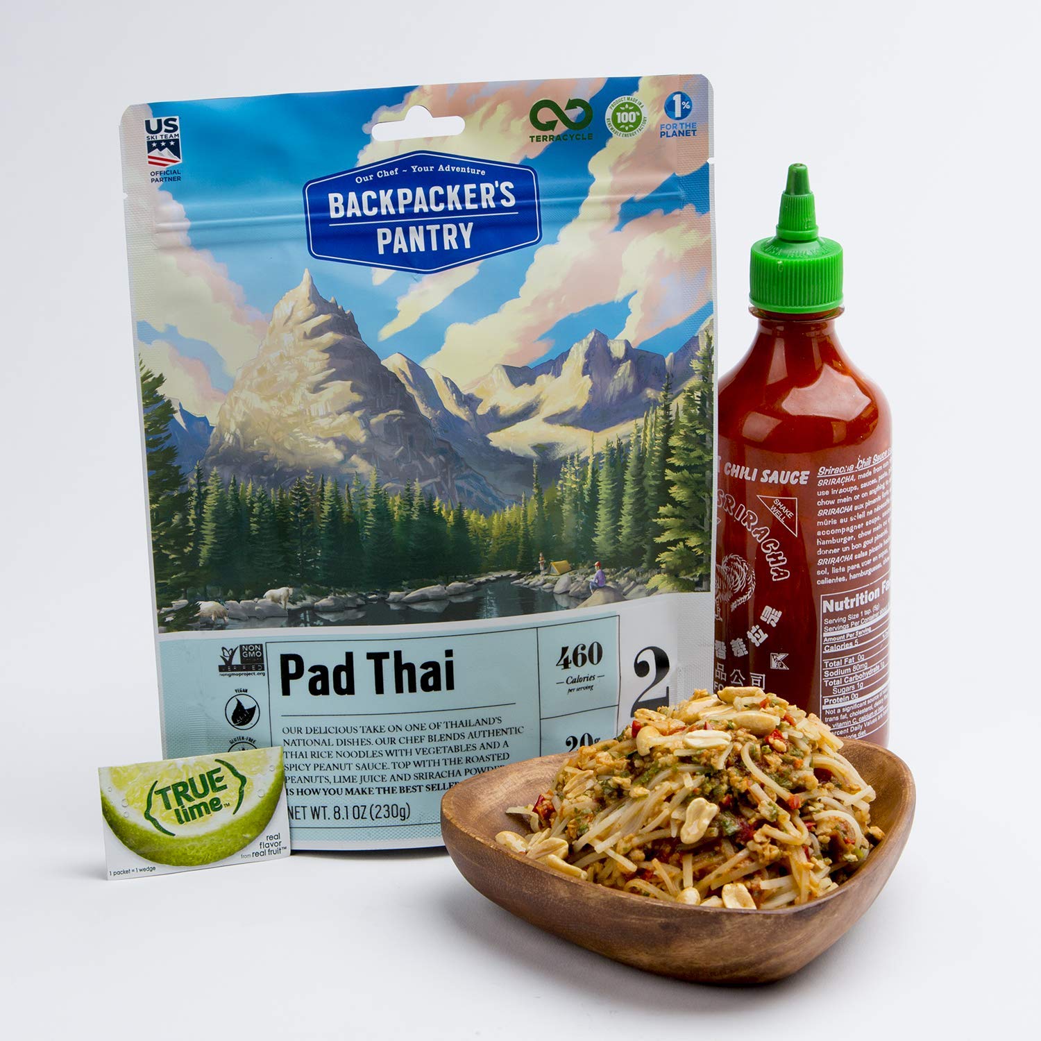 Backpacker's Pantry Pad Thai prepared-serving showing a quick camping dinner option.