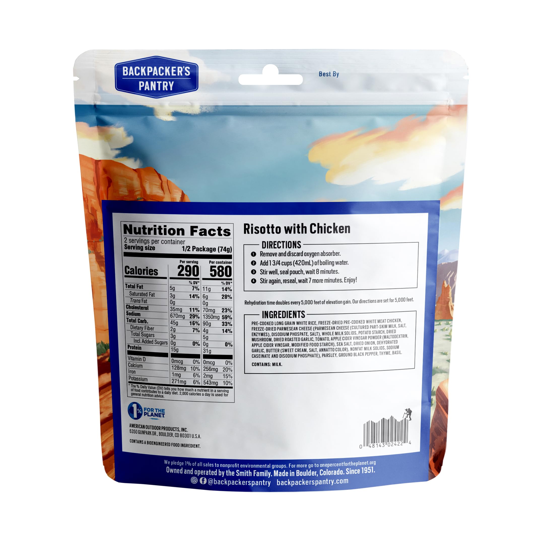 Backpacker's Pantry Risotto with Chicken serving bowl highlights two servings for a hearty backpacking meal.