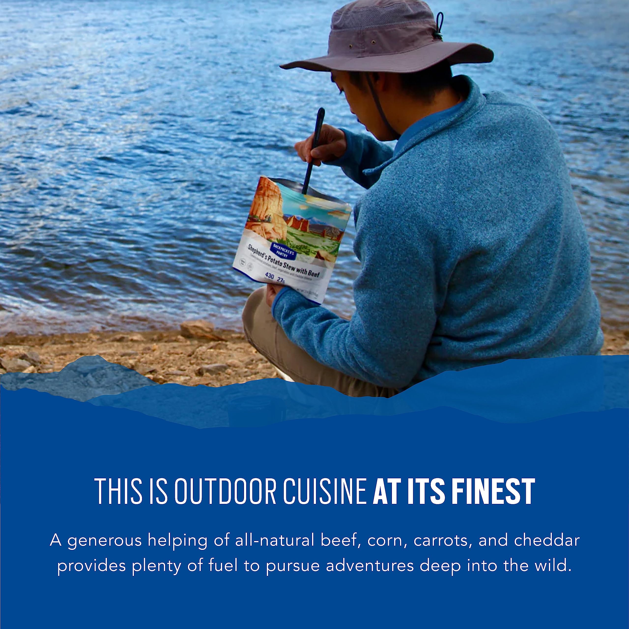 Backpacker's Pantry Shepherd's Stew ingredients bag highlights freeze-dried beef and vegetables.