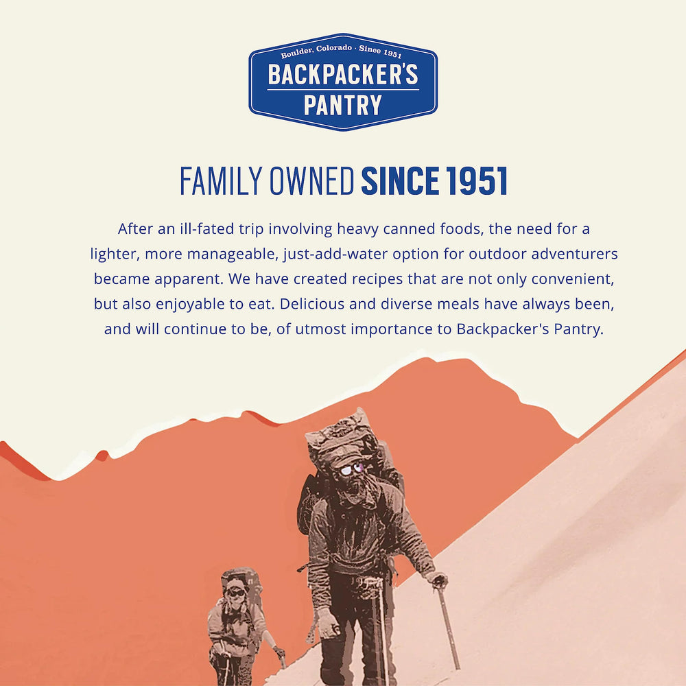 Backpacker's Pantry Shepherd's Stew nutrition graphic highlights gluten-free protein.