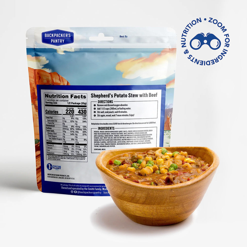 Backpacker's Pantry Shepherd's Stew serving plate features ready-to-heat camping meal.