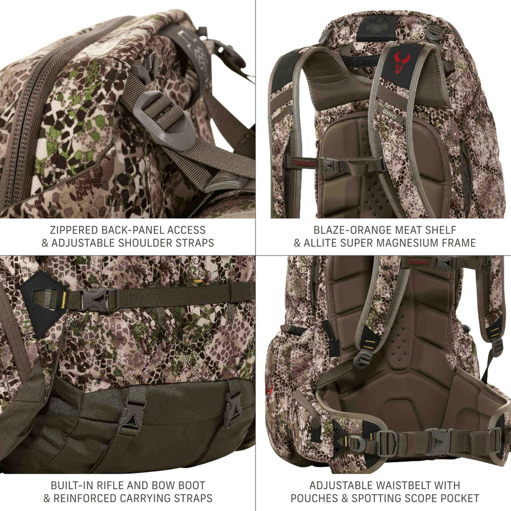 Badlands 2200 rifle-bow-boot enables hands-free carry of weapons.
