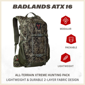 Badlands ATX 16 pack side compression straps showcase secure load stabilization during dynamic treks