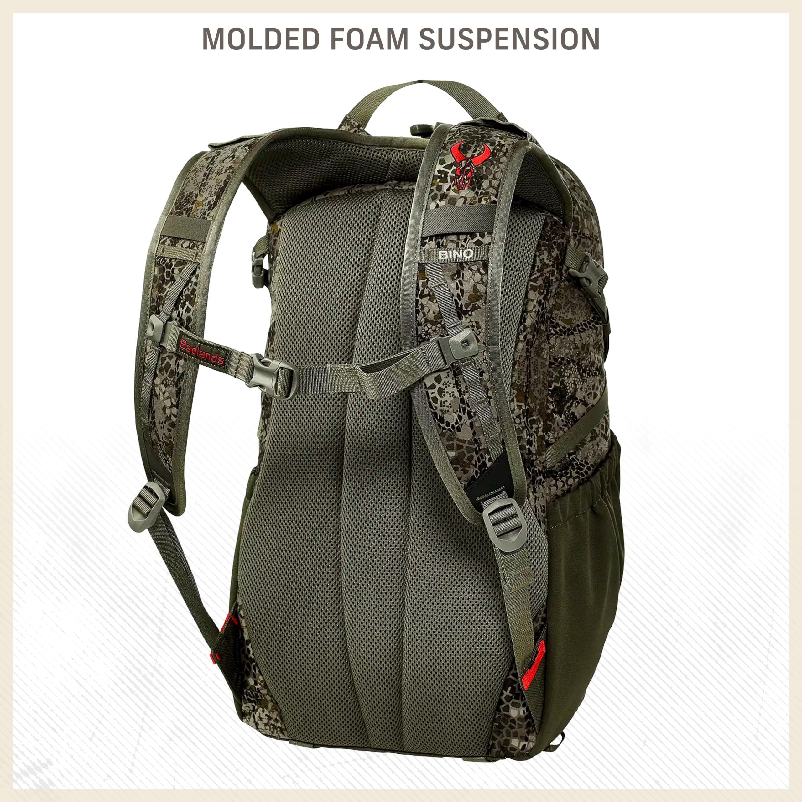 Badlands ATX12 molded-foam suspension enhances comfort on long treks.