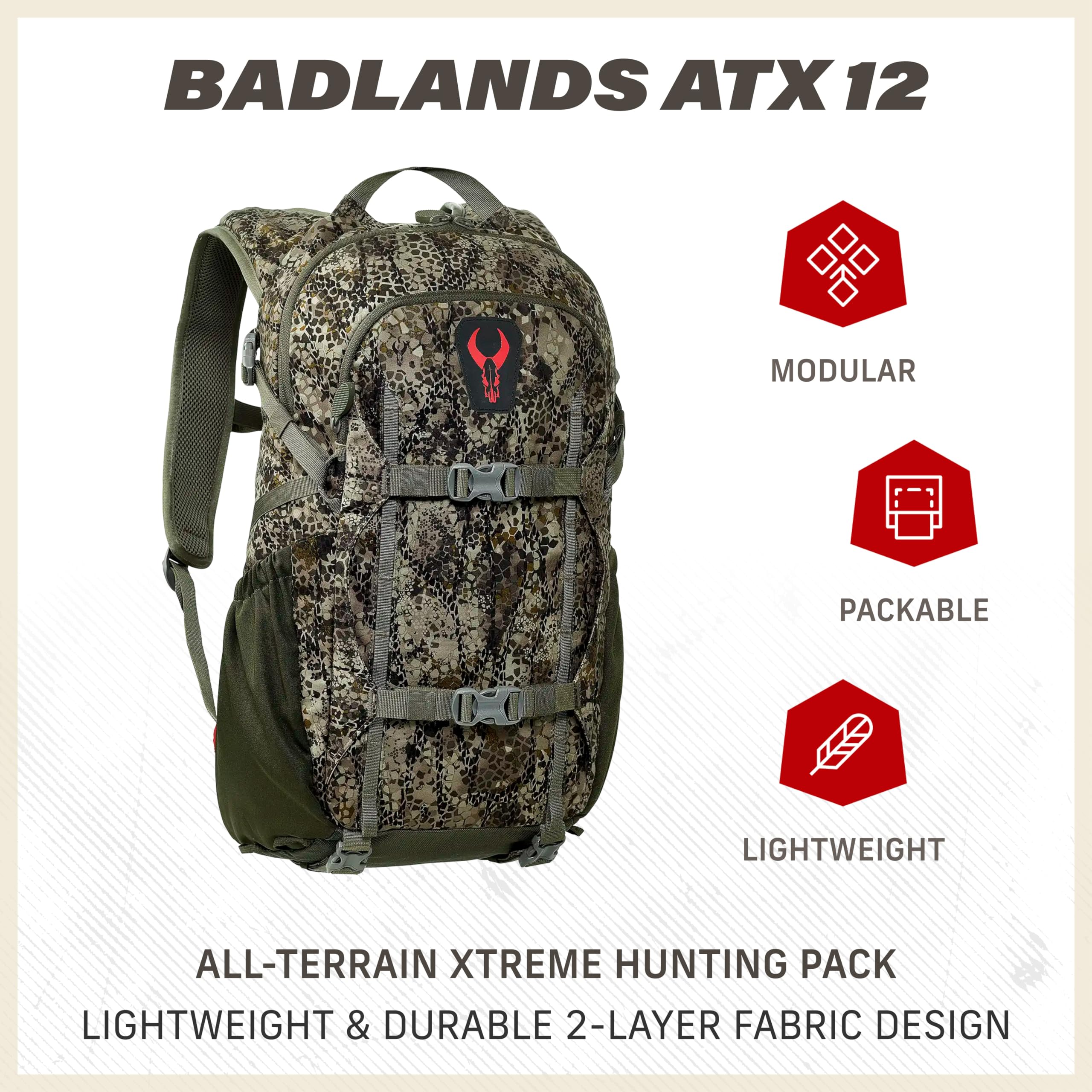Badlands ATX12 water-repellent finish helps keep gear dry during rain.