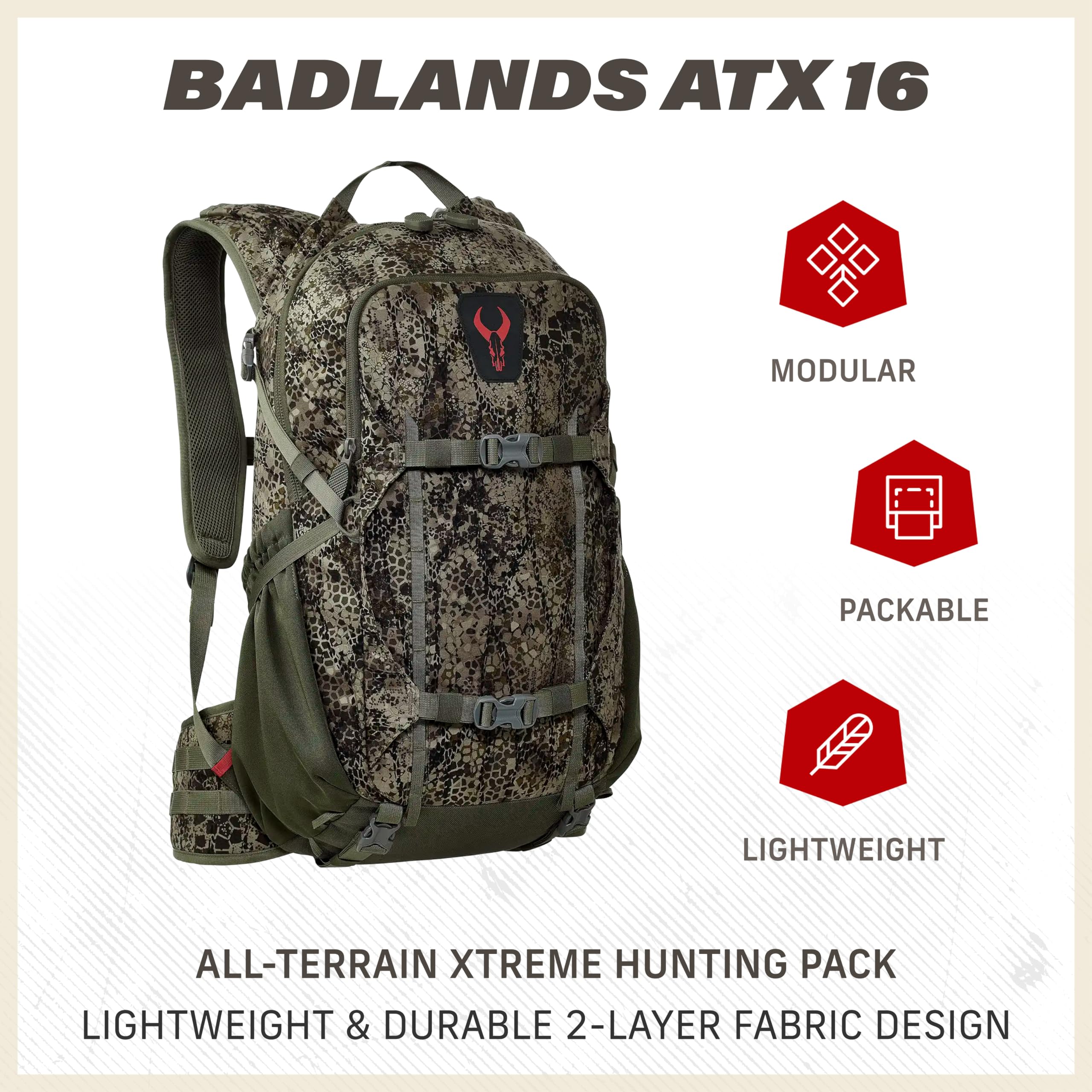 Badlands ATX16 pack removable waistbelt shows customizable load shift for heavy packs.
