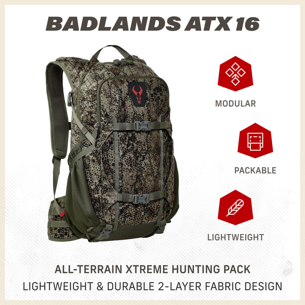 Badlands ATX16 pack removable waistbelt shows customizable load shift for heavy packs.