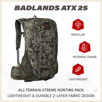 Badlands ATX 25 interior view highlights organized gear and internal frame.