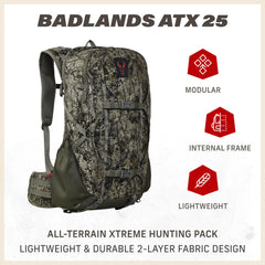 Badlands ATX 25 interior view highlights organized gear and internal frame.