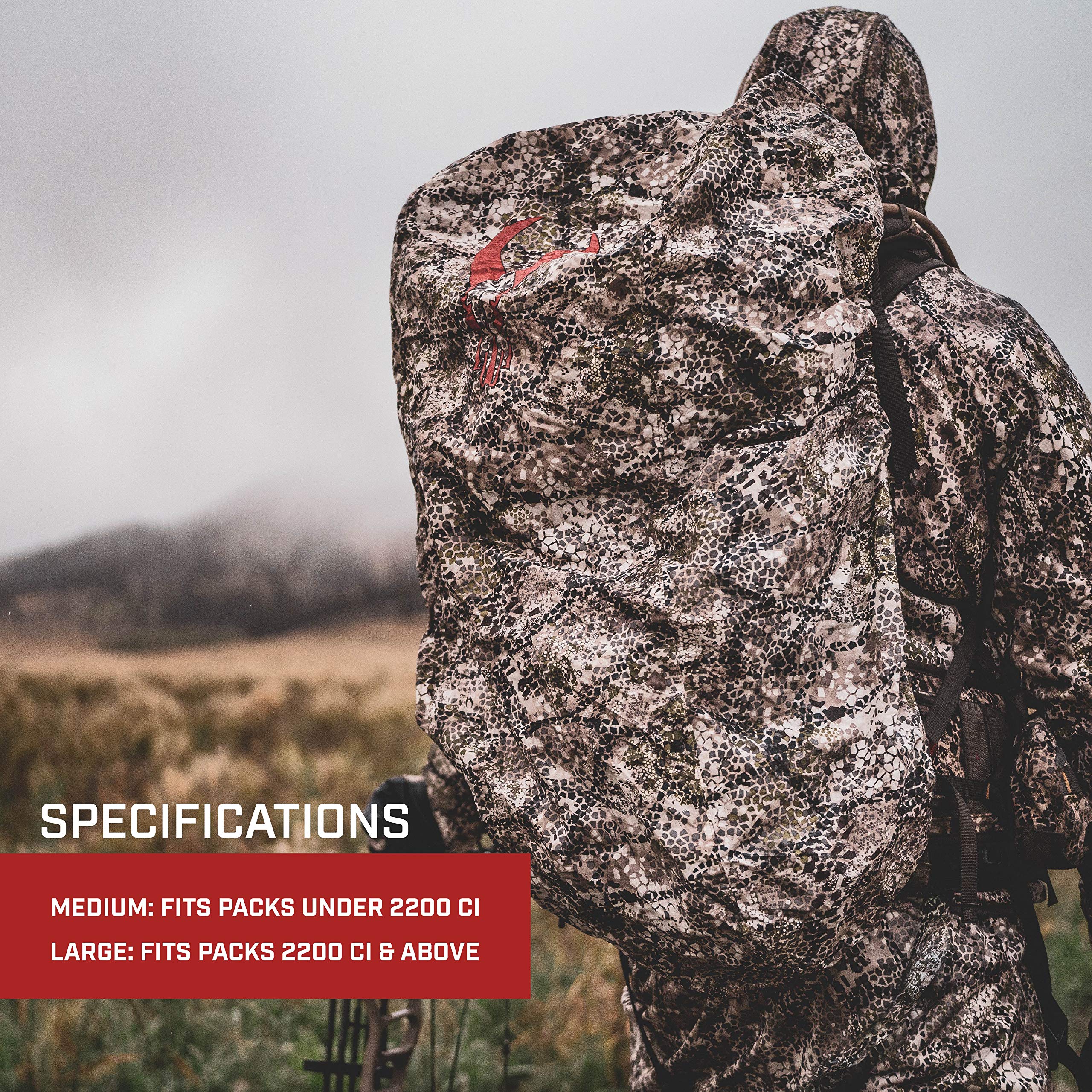 Waterproof fabric shields gear from rain and mud on hunts.