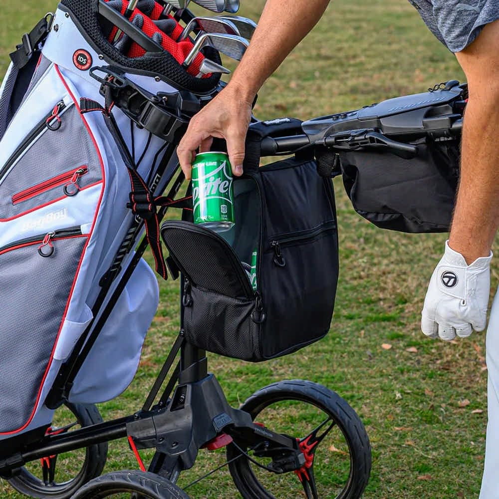 Bag Boy cooler bag on cart handle use showing hands-free convenience.