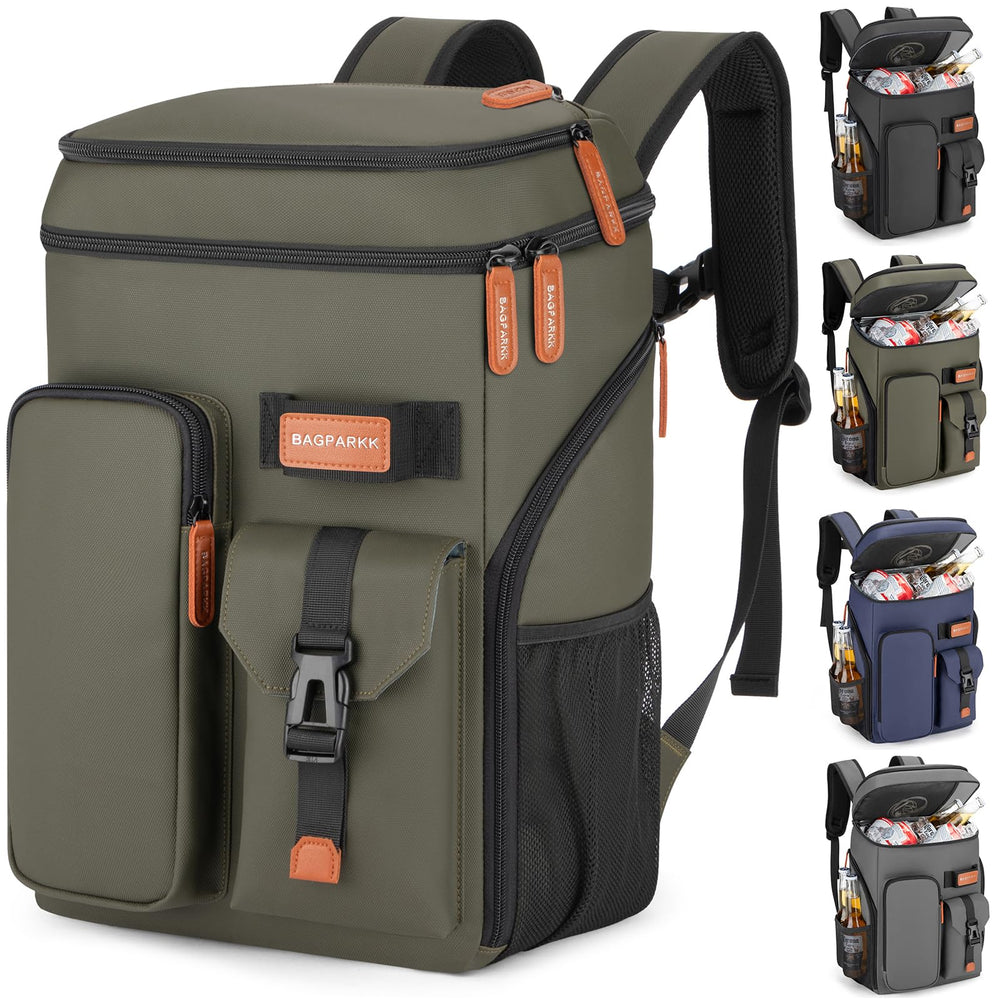 Bagparkk insulated backpack cooler showing dual compartments for beverages and snacks.
