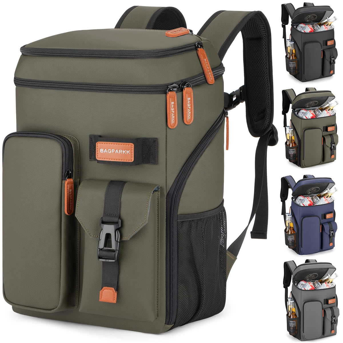 Bagparkk insulated backpack cooler showing dual compartments for beverages and snacks.