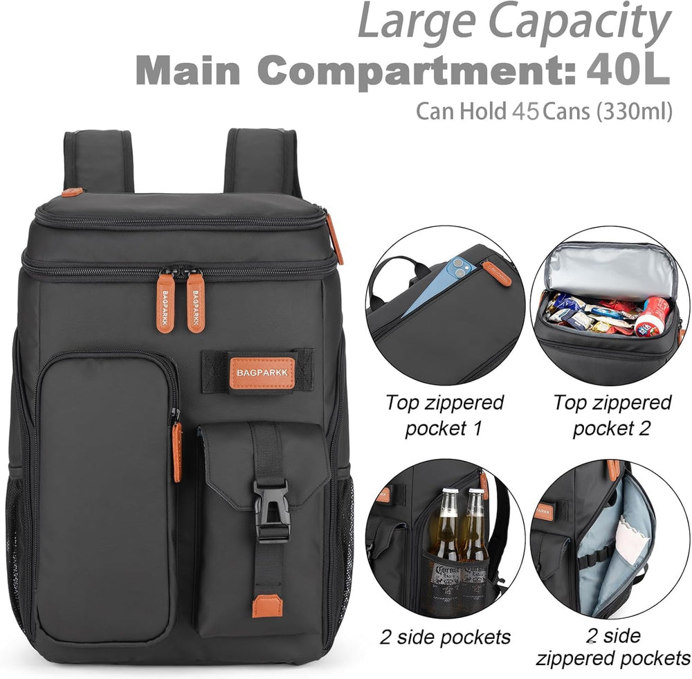BAGPARKK 45-cans capacity image, emphasizes large capacity for picnics and trips.