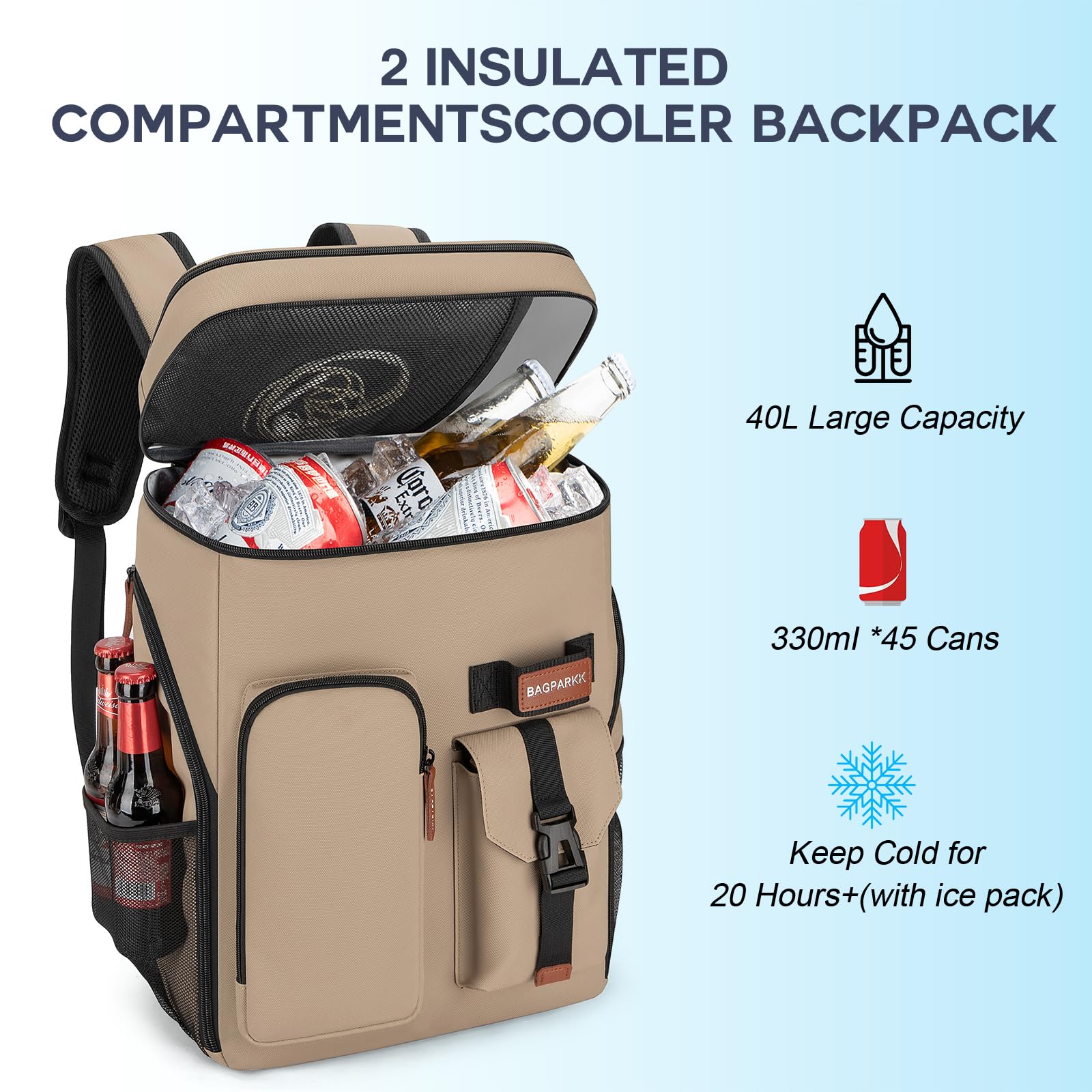BAGPARKK insulated cooler backpack bottle opener included for quick refreshments.